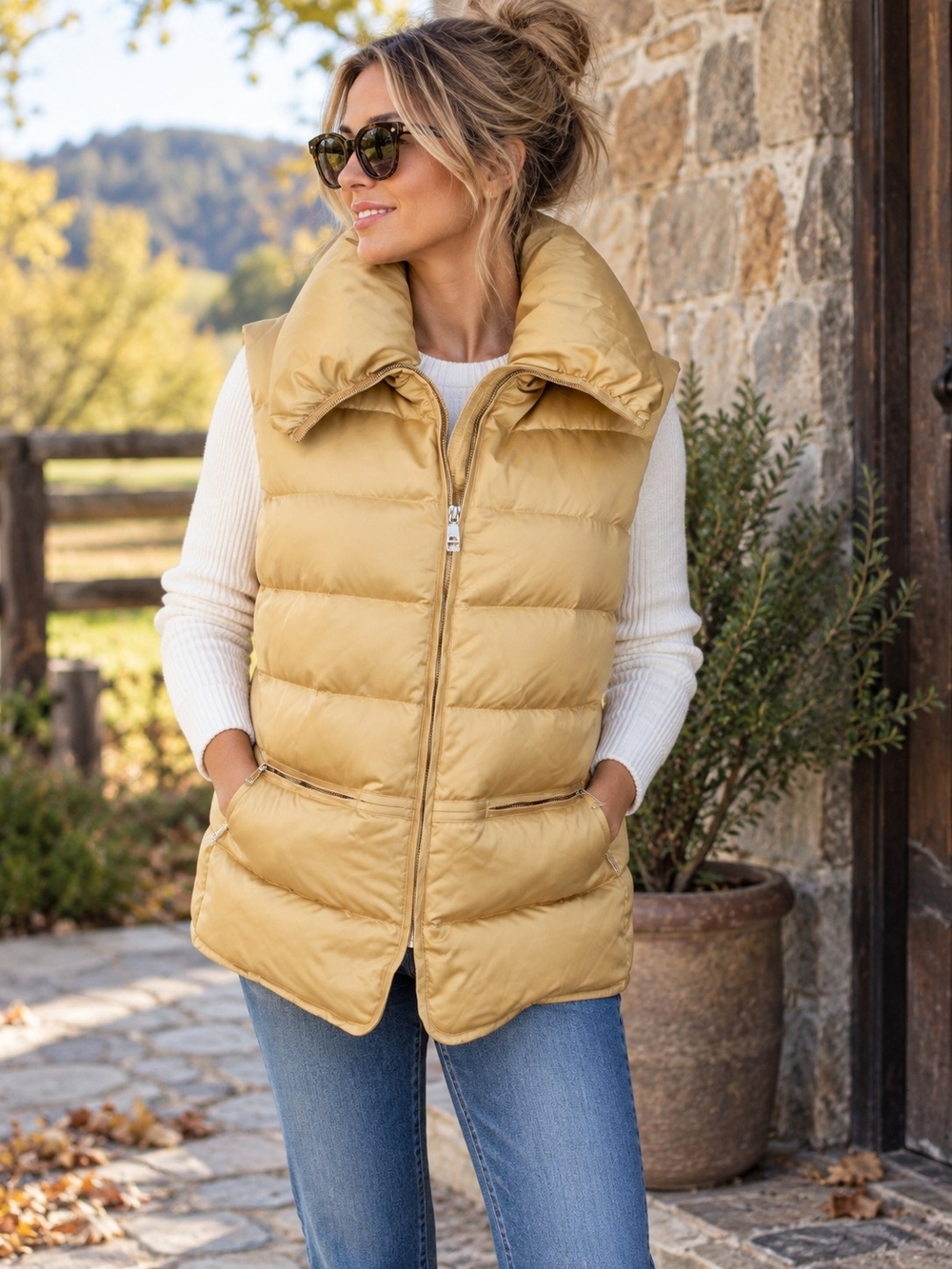 New Lauren Ralph Lauren Gold Down Puffer Vest Oversized Collar Plus Size 2X